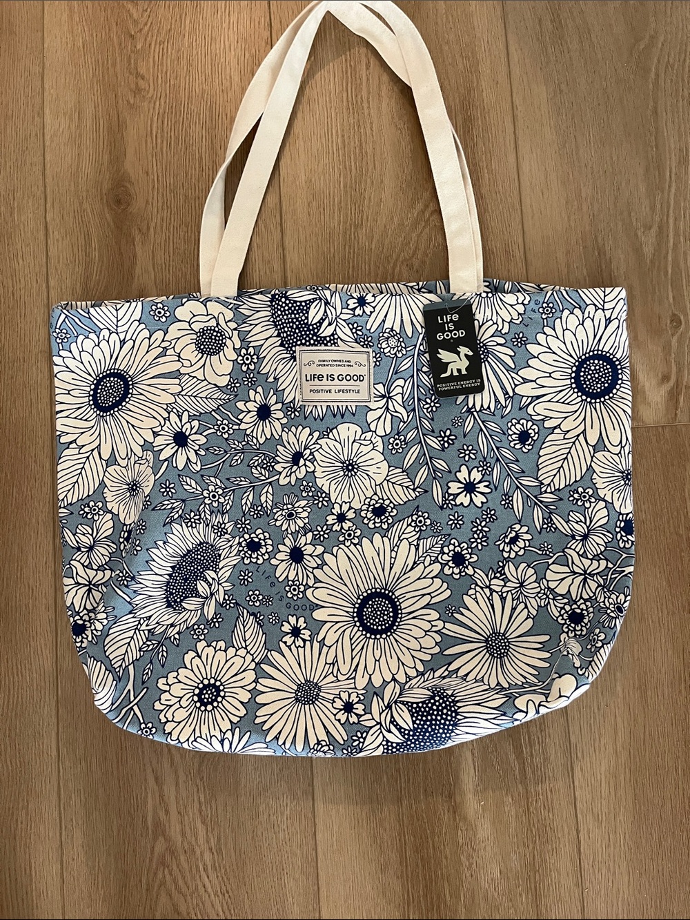 Life Is Good Blue and White Floral Tote